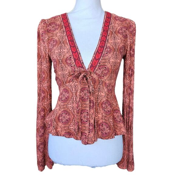 Free people Kaleidoscope top XS extra small bell sleeve tie boho drape blouse - Picture 6 of 16